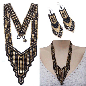 Handmade Beaded Black Seed Bead Long Necklace Earrings Set