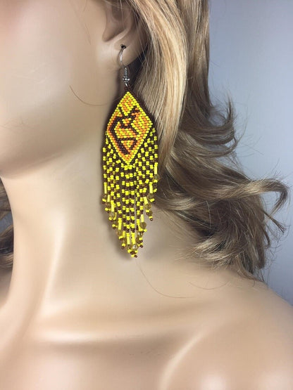 Handmade Beaded Yellow Seed Bead Kokopelli Earrings