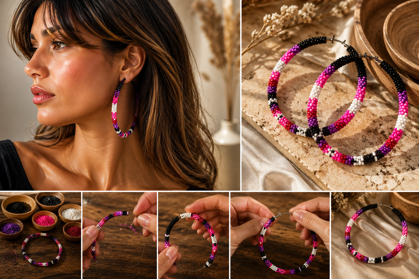 Handmade Native Style 3 Inch Hoop Earrings with Czech Seed Beads - Black Pink