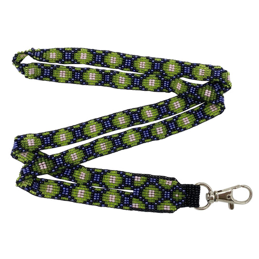 Blue Green Pink Seed Beaded Medicine Man'S Eye Beadwork Lanyard Id Holder