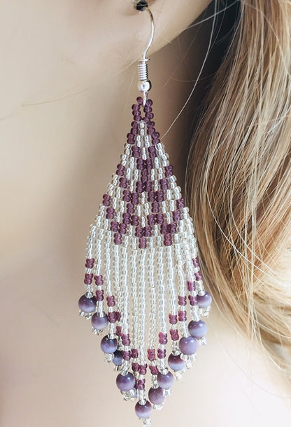 Purple &amp; Silver Handmade Beaded Earrings