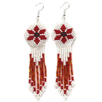 Handmade Beaded White Red Flower hook statement Earrings - Drop Dangle Design