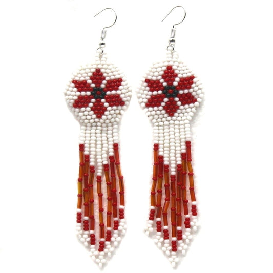 Handmade Beaded White Red Flower hook statement Earrings - Drop Dangle Design