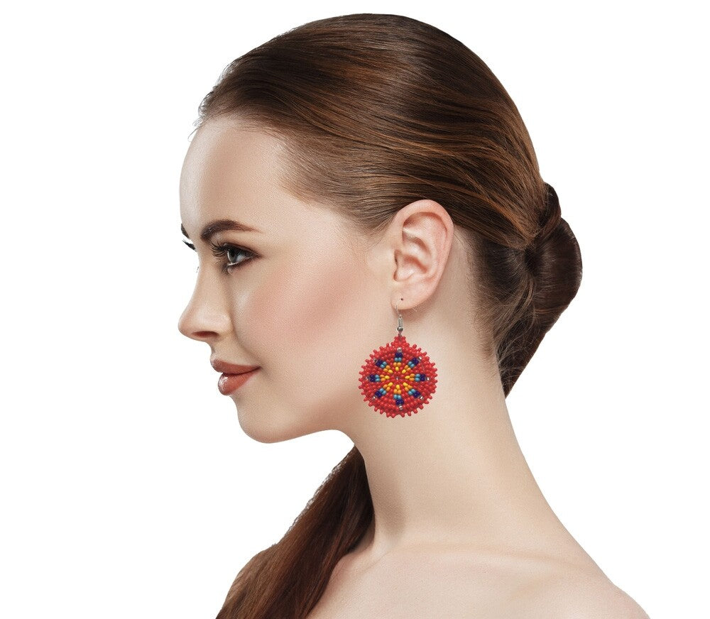 Handmade Beaded Cute Round Red Earrings