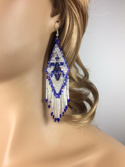 Handmade Beaded Iris Blue White Delica Seed Bead Turtle Big Earrings