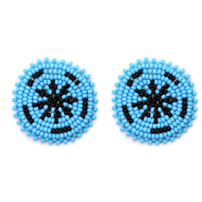 Handmade Beaded Turquoise Blue Black Color Round Post Earrings