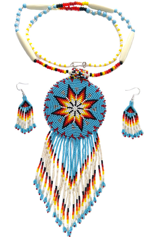 Turquoise Blue Seed Bead Long Star Medallion Beaded Necklace Earrings
