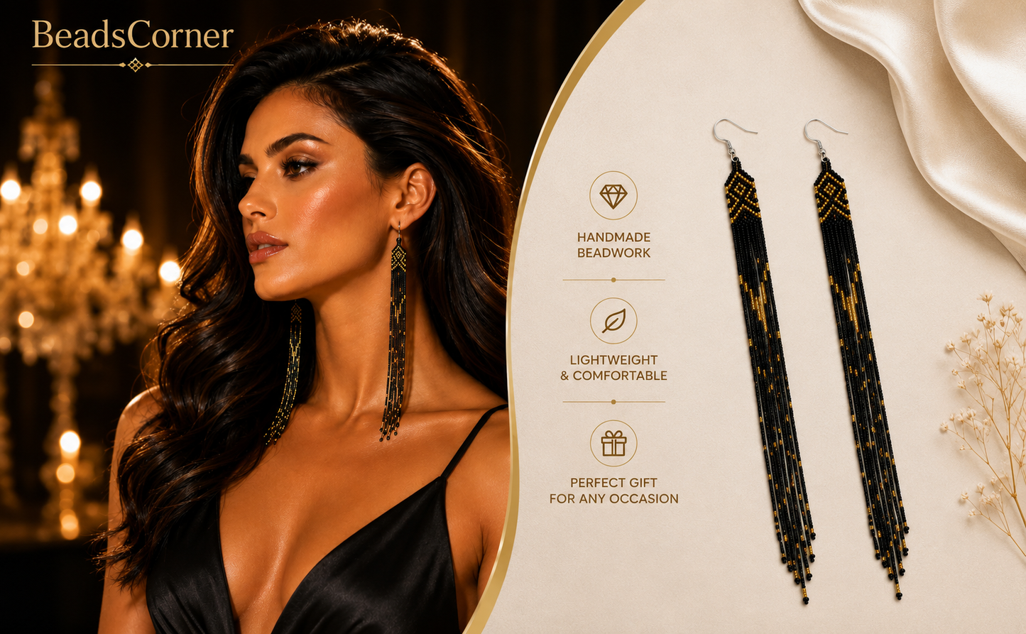 Black Golden Glass Seed Beads Beaded Extra Long Earrings 6 Inch