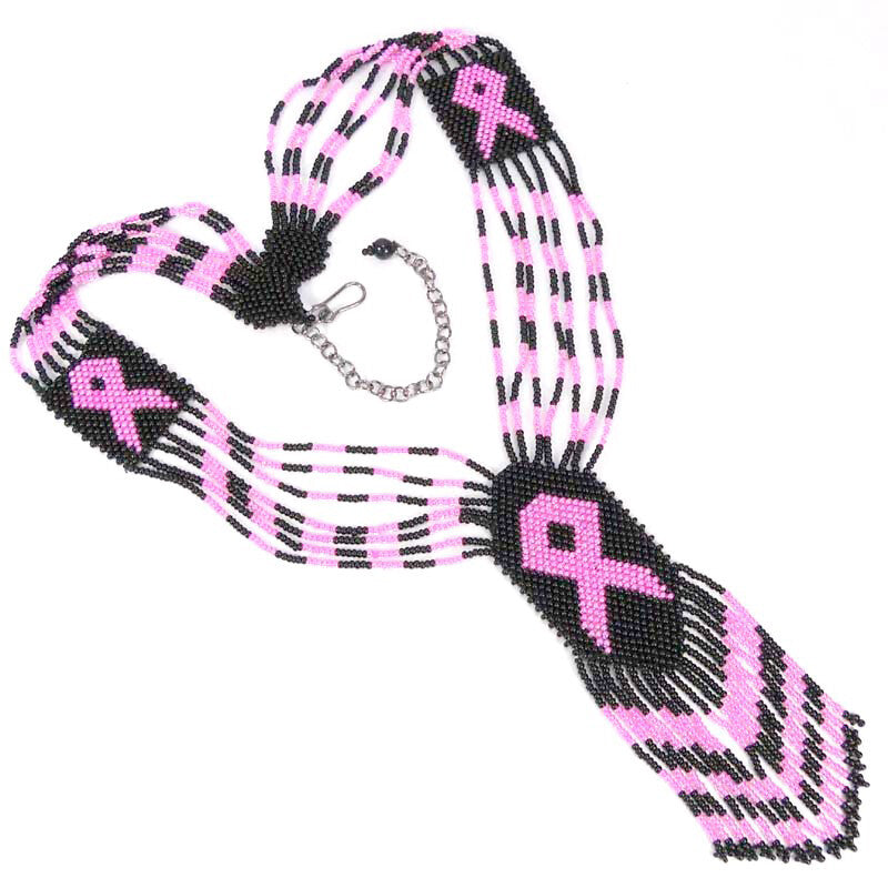 Black Seed Beads Pink Ribbon Cancer Awareness Beaded Necklace Earrings Set