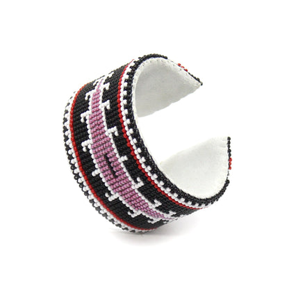 Handmade Beaded Black Pink Leather Hard Cuff Bracelet | Adjustable 1.5" Wide | Suede Back
