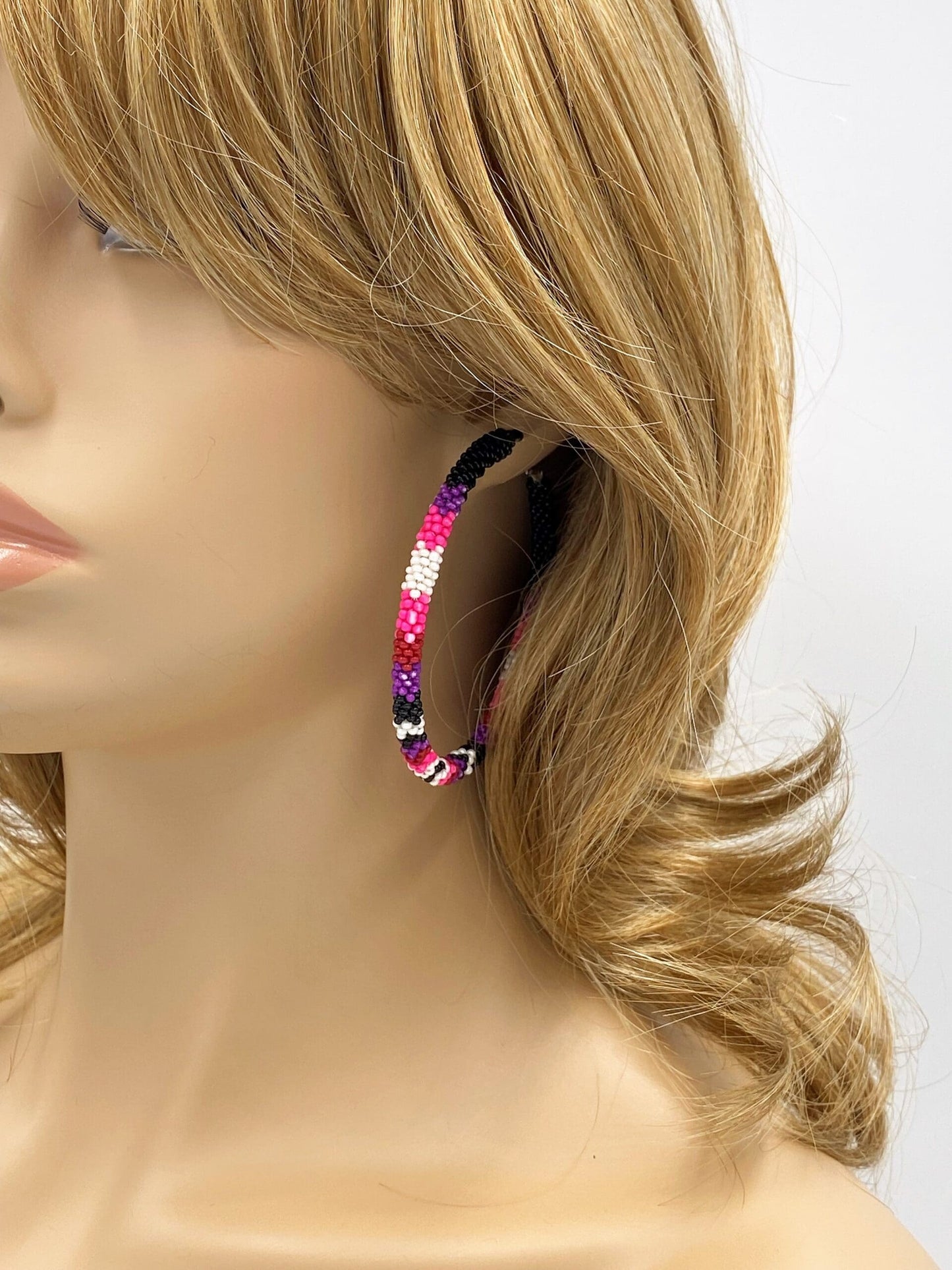 Handmade Native Style 3 Inch Hoop Earrings with Czech Seed Beads - Black Pink