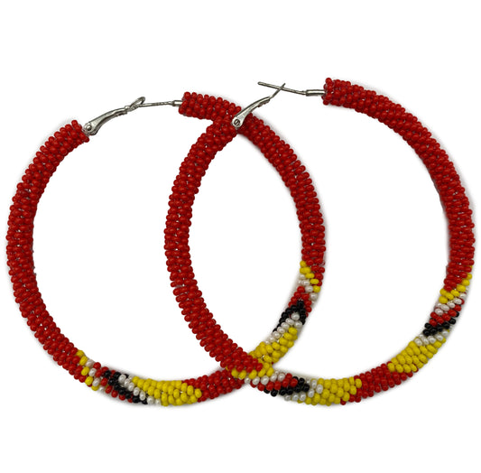 Handmade Native Style 3 Inch Hoop Earrings with Czech Seed Beads - Red