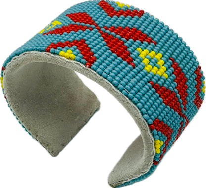 Handmade Beaded Cyan Blue Red Leather Hard Cuff Bracelet