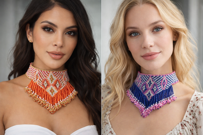Set of 2 Handmade Czech Seed Bead Fringe Statement Necklaces – Boho Artisan Choker Set
