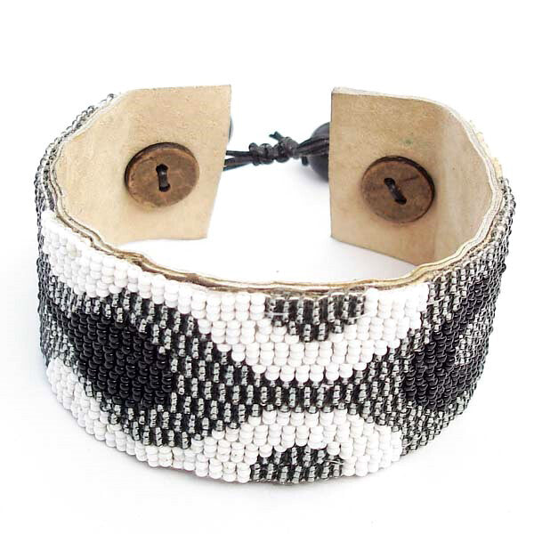 Handmade beaded Grey, White soft cuff bracelet adjustable