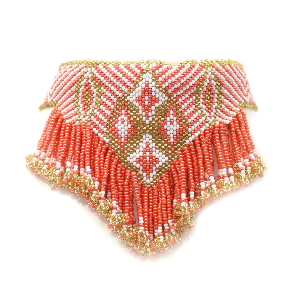 Handmade Beaded Orange Gold White Seed Bead Choker Necklace Earrings Set