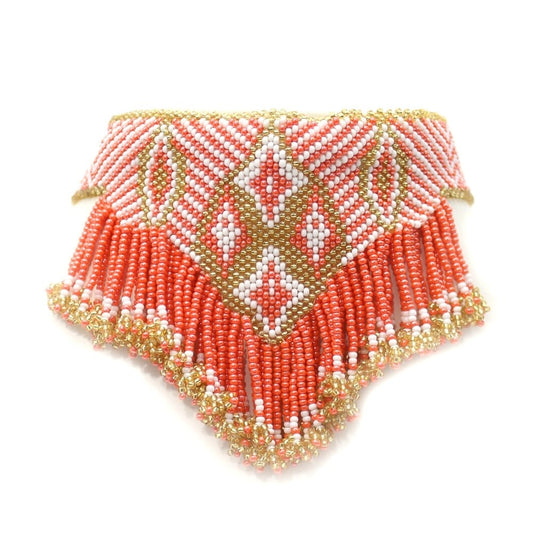 Handmade Beaded Orange Gold White Seed Bead Choker Necklace Earrings Set