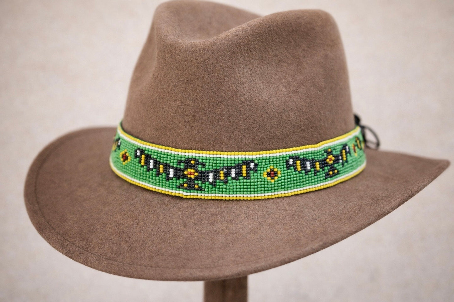 Handmade Czech Seed Bead Adjustable Hat Band – Green Western Hatband with Yellow and Black