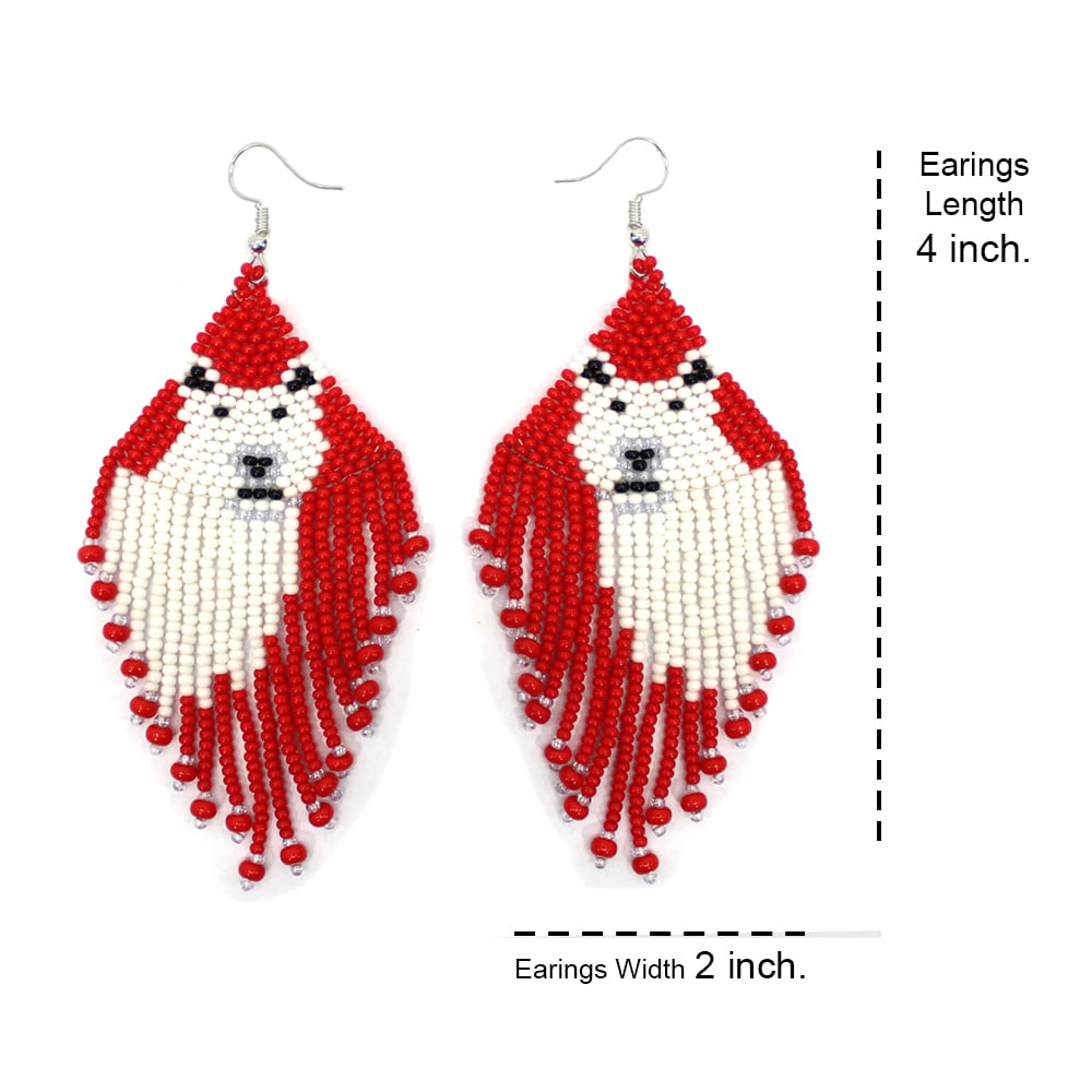 Handmade Red White Seed Beads Polar Bear Beaded Earrings