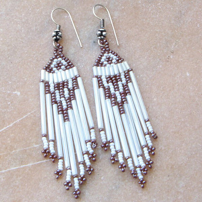 New Handmade Brown White Bugle Seed Beads Beaded Fashion Hook Earrings