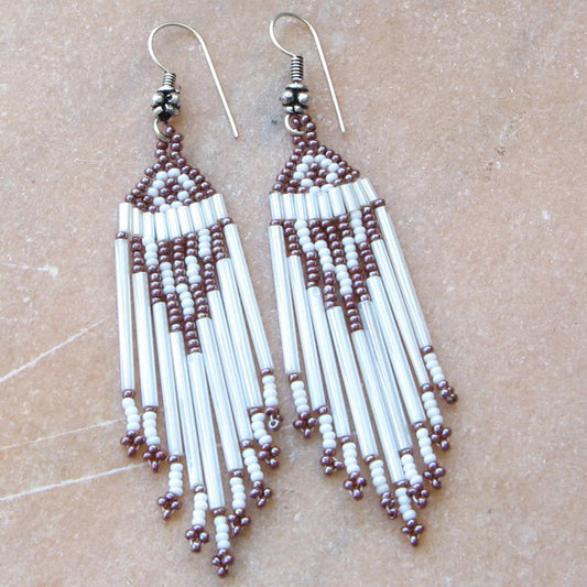 New Handmade Brown White Bugle Seed Beads Beaded Fashion Hook Earrings