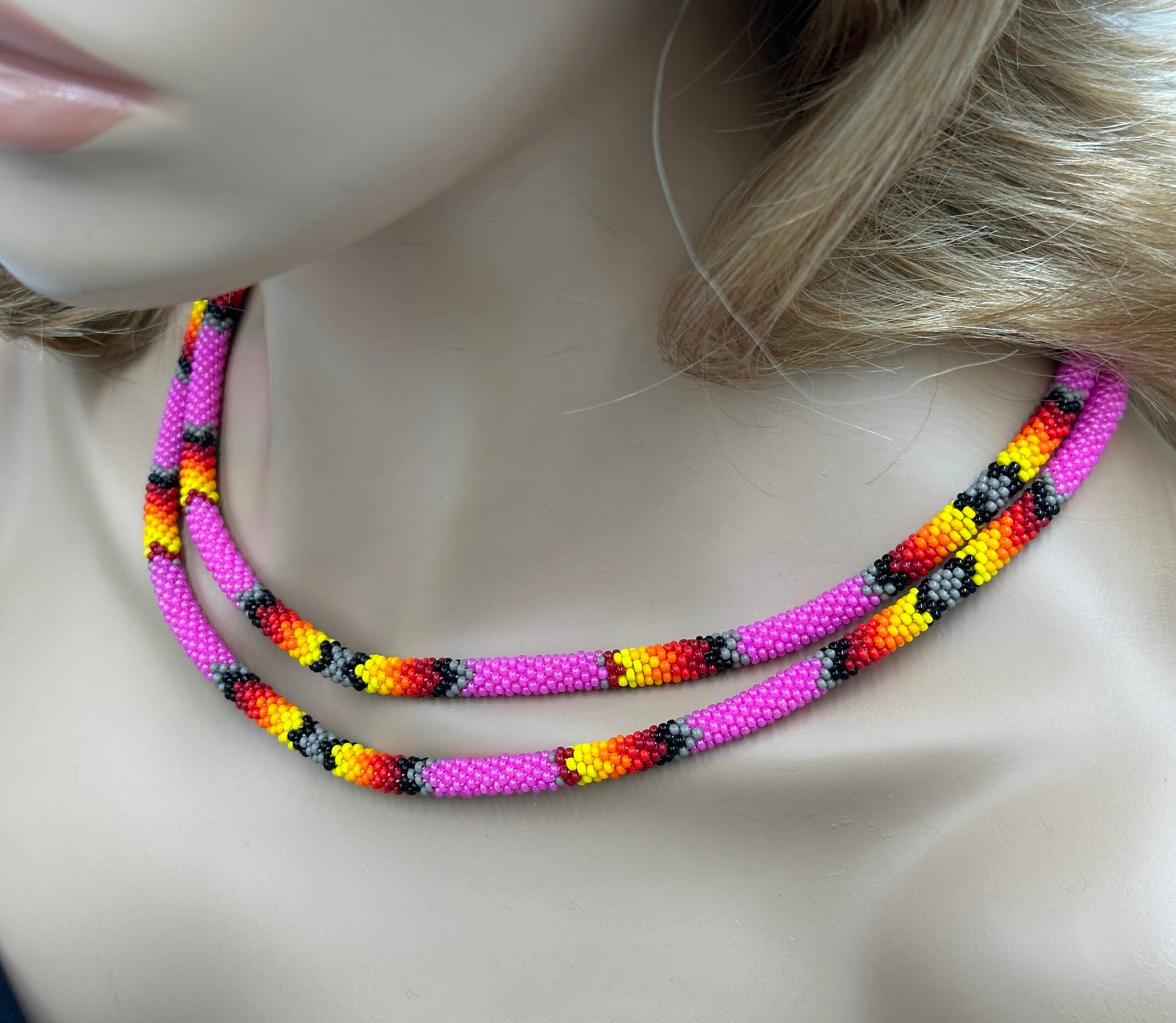 Handmade Beaded Deep Pink Rope double layered necklace