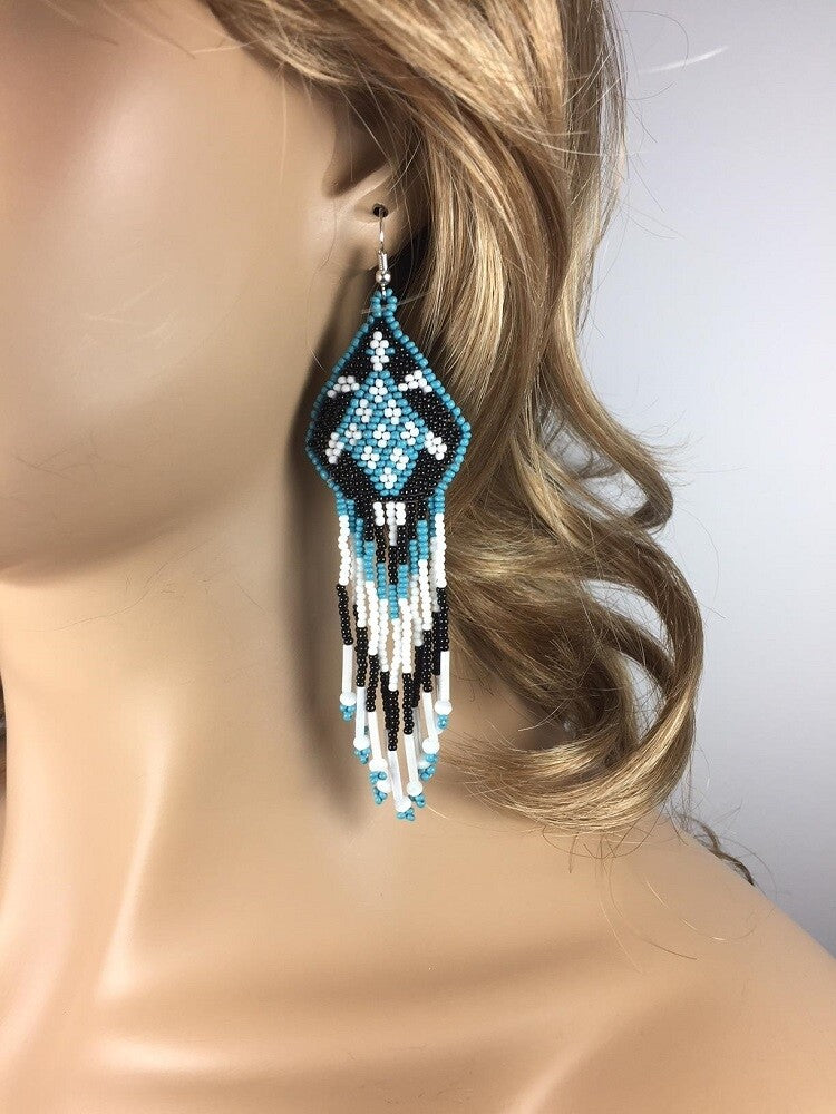 Handmade Beaded Turquoise Blue Seed Bead Turtle Earrings