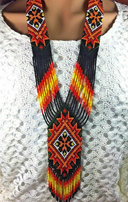 Handcrafted Ethnic Native Style Multi-Color Geometric Pattern Beaded Necklace Earrings Set