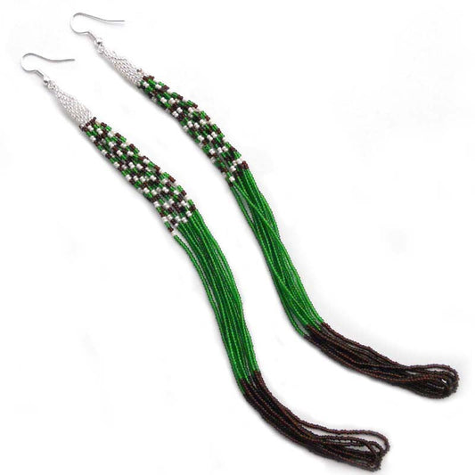 Green Glass Seed Beads Beaded Extra Long Earrings 7.5 Inch