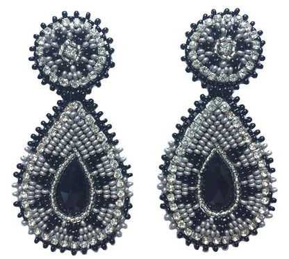 Handmade Beaded Teardrop Shape Post Earrings 3 Inches Long, 1.5 Inch Wide - Gray Black