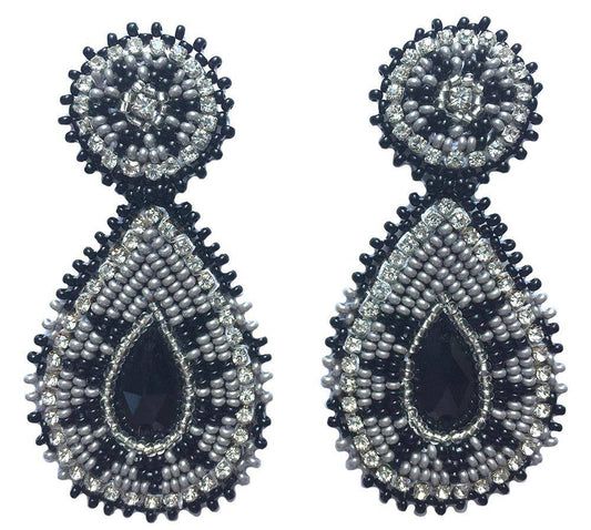 Handmade Beaded Teardrop Shape Post Earrings with Czech Seed Beads - 3 Inches Long, 1.5 Inch Wide - Gray Black