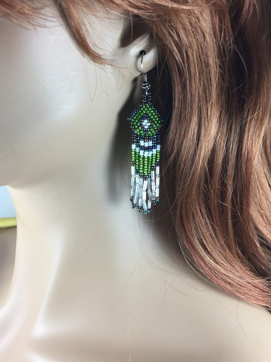 Bugle Seed Beads Handmade Green Color Beaded Earrings