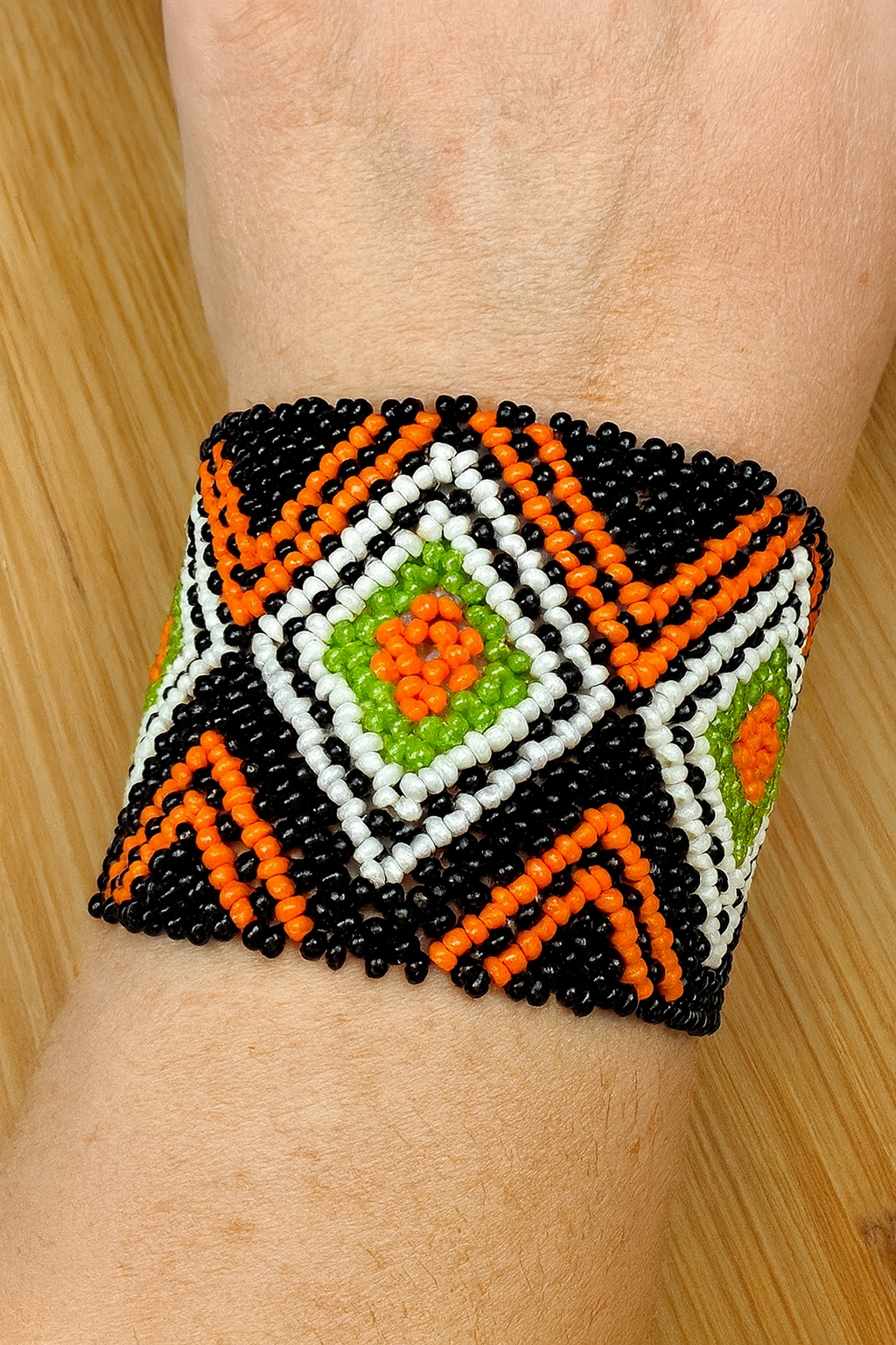 Handmade Geometric Beaded Cuff Bracelet – Black, Orange & Lime Green