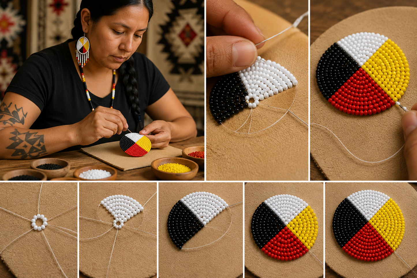 Handmade Four Colors Beaded Rosette – 2.5 Inch Traditional Seed Bead Appliqué