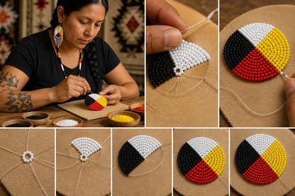 Handmade Four Colors Beaded Rosette – 2.5 Inch Traditional Seed Bead Appliqué