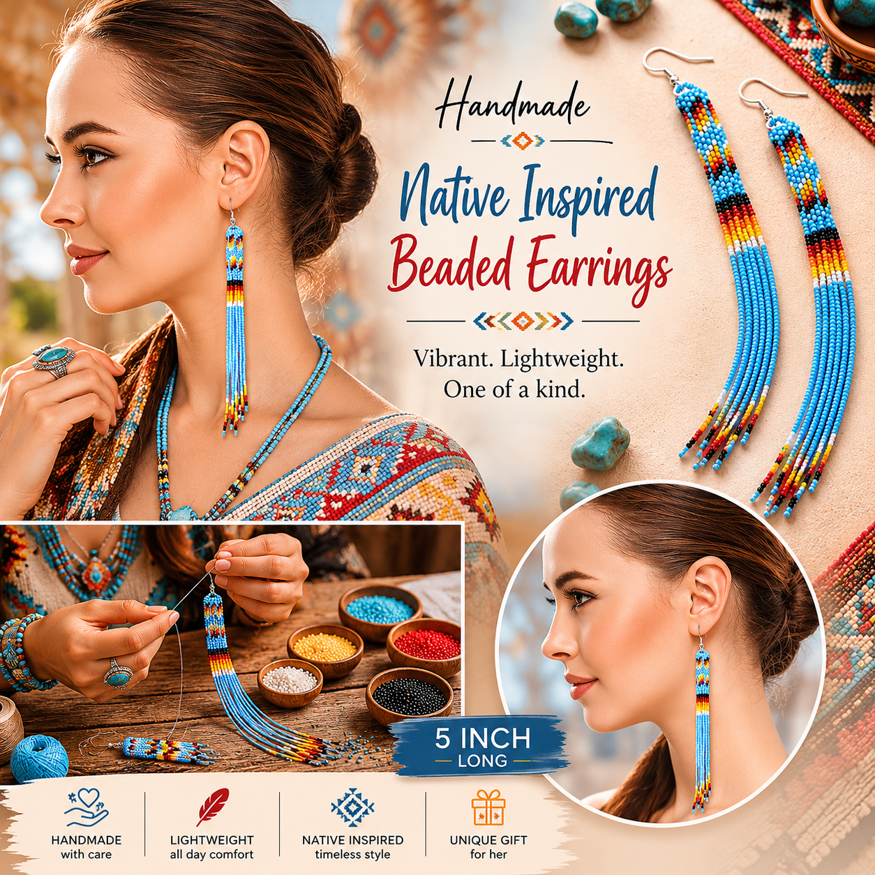 Handcrafted Seed Bead Fringe Earrings, Long Blue Statement Earrings, Artisan Czech Bead Jewelry
