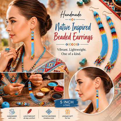 Handcrafted Seed Bead Fringe Earrings, Long Blue Statement Earrings, Artisan Czech Bead Jewelry