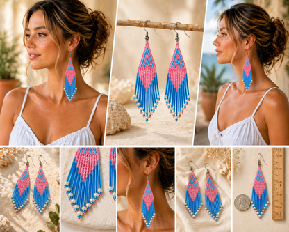 Pink & Blue Beaded Fringe Earrings – 4.4 Inch Handmade Statement Dangle, Czech Seed Beads
