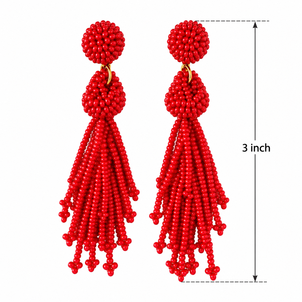 Red Statement Seed Bead Tassel Earrings – Handmade Long Fringe Dangle Earrings