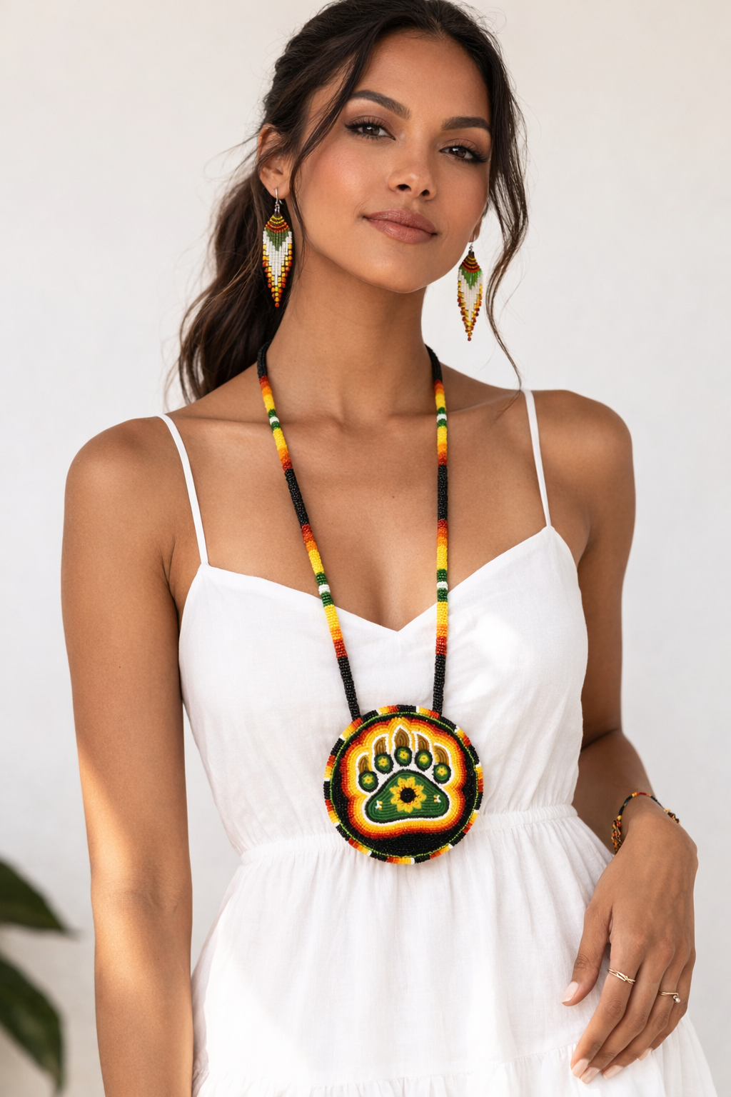 Rasta Bear Paw Beaded 5” Pendant Necklace & Earrings Set – Handmade
