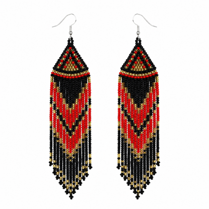 Handmade Beaded Red Black Long Dangle Fashion Earrings 4 inch | Geometric Design Pattern