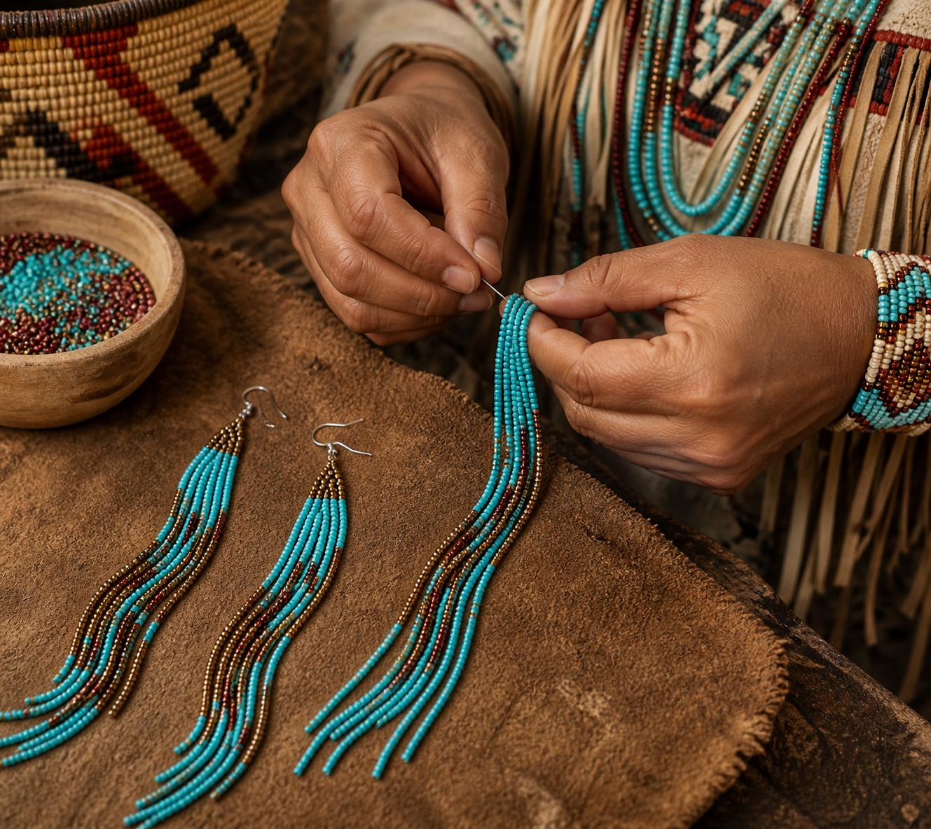 One of a kind Tribal Extra Long Beaded Statement Earrings Handmade (Cyan Copper)