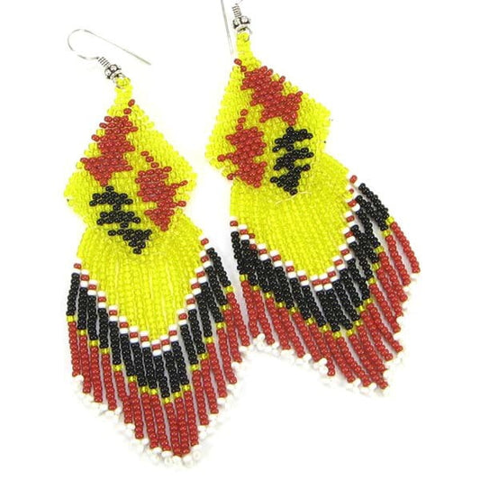 Yellow Brown Black Seed Beaded Leaf Hook Earrings