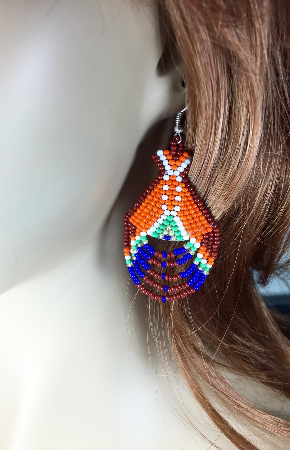 Deep Blue Orange Brown Beaded Native American Tepee Style Earrings