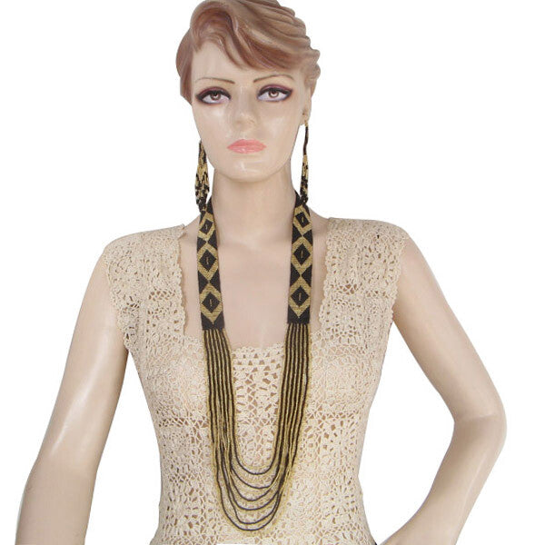Handmade Beaded Gold Black Layered Necklace Earrings Set
