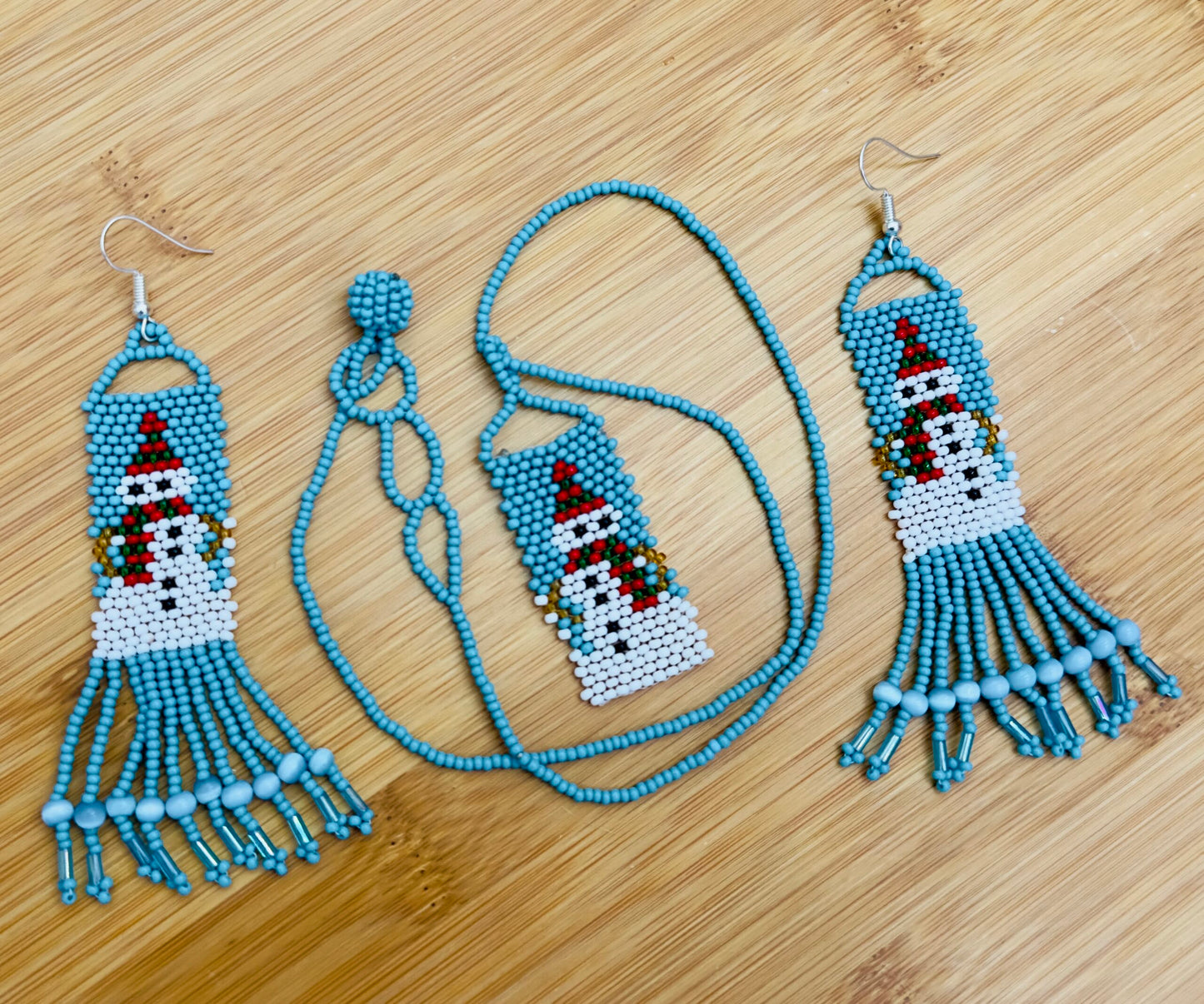 Handmade Beaded Christmas Snowman Long Necklace Earrings Set