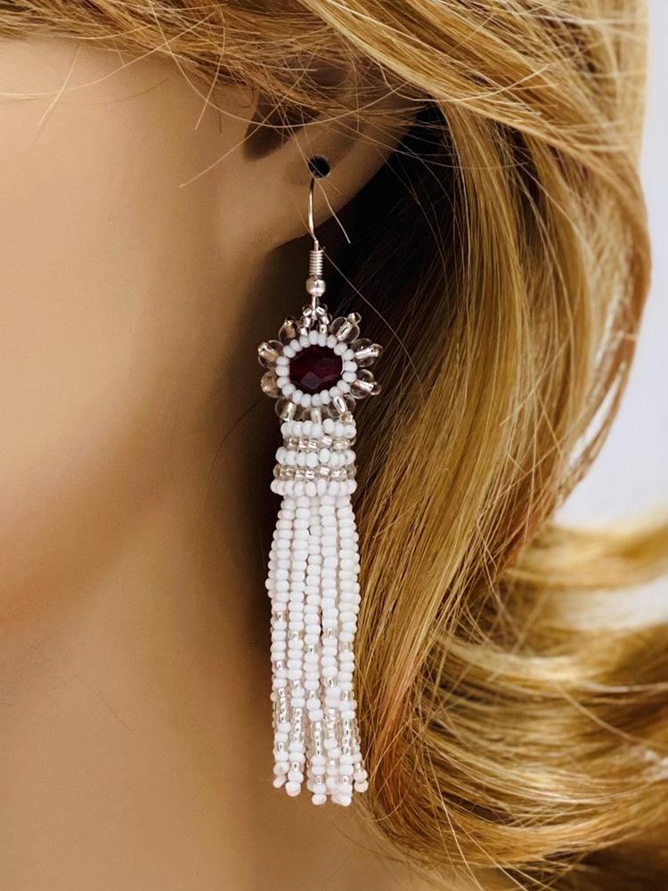 Handmade Beaded White Red Hook Earrings