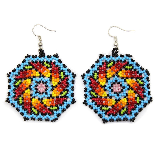 Handmade Beaded Octagon Shape Blue Multi-Color Bohemian Hook Earrings