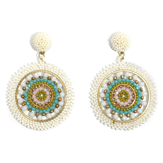 Handmade Beaded Bright Neon Colorful Post Round Earrings for Women Girl All Season - Pearl