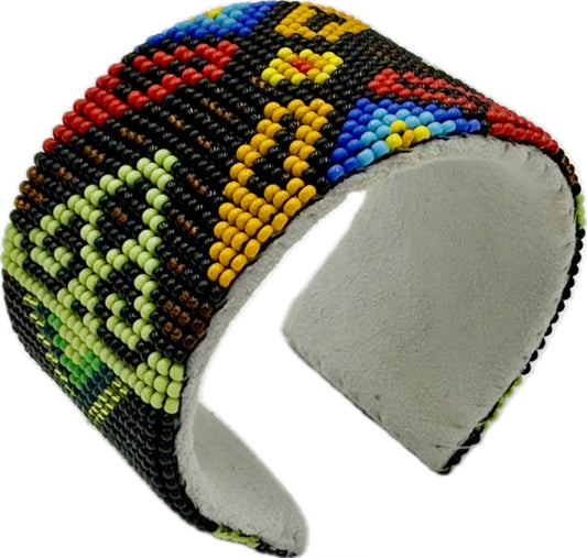 Handmade beaded Black Green Hard leather Cuff Bracelet
